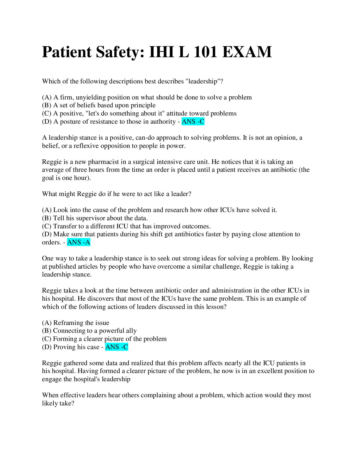 Preview image for Patient Safety: IHI L 101 / 100% ACCURATE ANSWERS